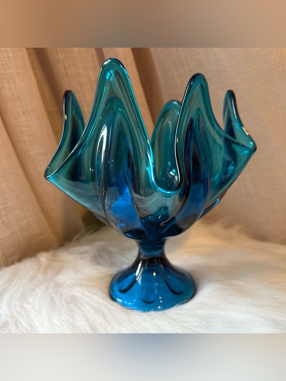 Vintage MCM Viking Glass Epic Bluenique Vase 6 Petal Handkerchief Compote